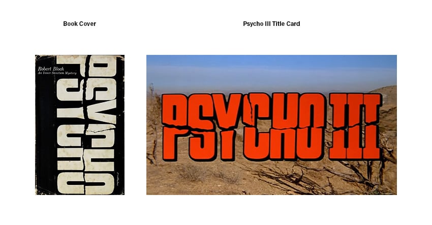 Psycho book cover by Tony Palladino (left) and Psycho title card, 1986 (right).