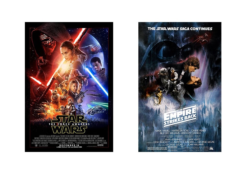 Examples of the different uses of the Star Wars logo with Star Wars The Force Awakens poster (left) and The Empire Strikes Back (right).