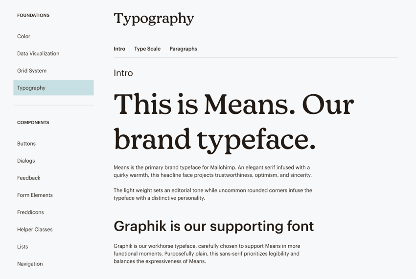 Typographic section of Mailchimp design system