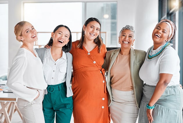 Professional women only, portrait and diversity in office teamwork, inclusion and empowerment hug t