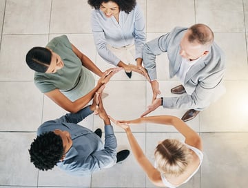 Top view, business people or circle hands in collaboration, diversity team building