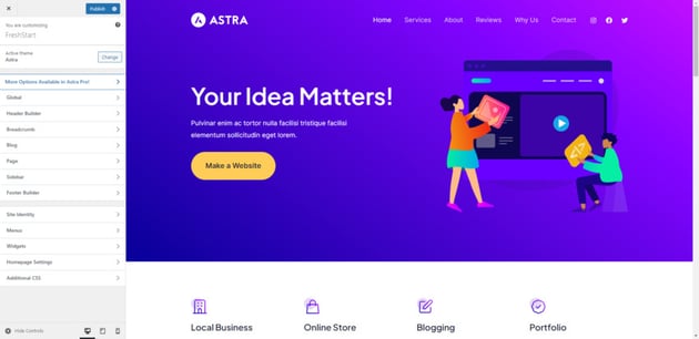 The WordPress Customizer is where users go to customize the look, layout, and some of the features of their WordPress theme (Astra is the example shown here).