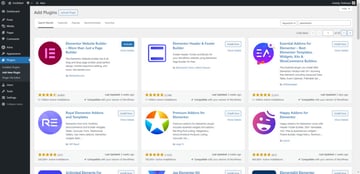 The Plugins screen in WordPress. Here a user has installed Elementor among other "elementor" search-related plugins
