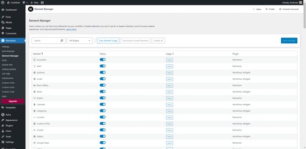 After installing a plugin, users should check the WordPress menu on the left to see if there are additional plugin settings to configure. In this example, we see Elementor's Element Manager panel.