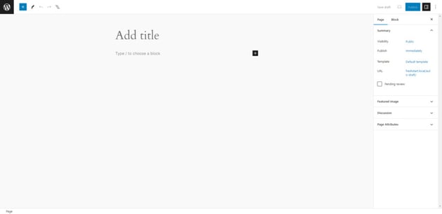A blank canvas appears when a WordPress user creates a new page. On the right are settings for publication.