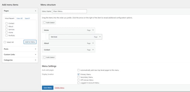 An up-close look at how to create a navigation in WordPress and modify the menu structure by dragging and dropping pages into place