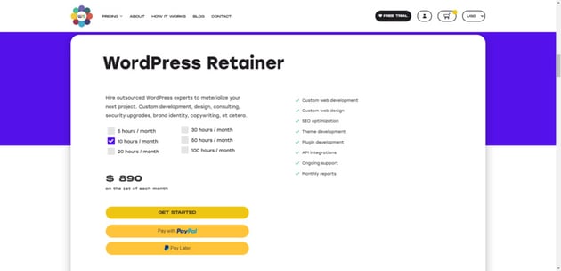 The landing page on the WPServices website for the WordPress retainer services