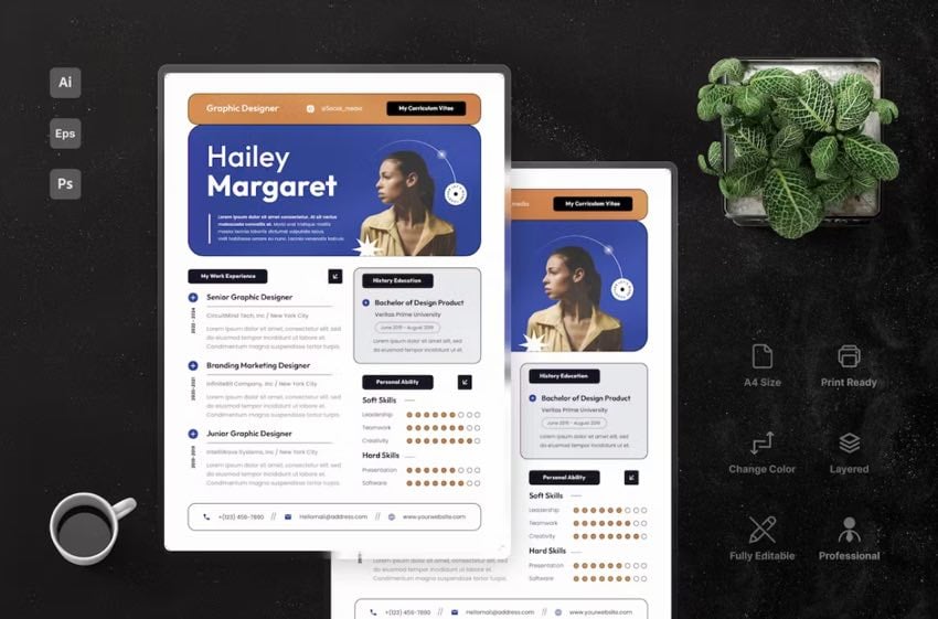 The Modern Bold Essence CV Resume design features a bold header as part of it's design.