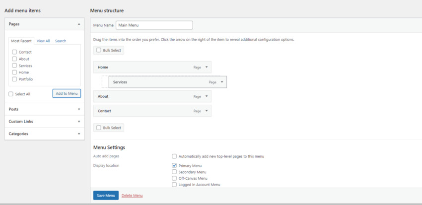 An up-close look at how to create a navigation in WordPress and modify the menu structure by dragging and dropping pages into place