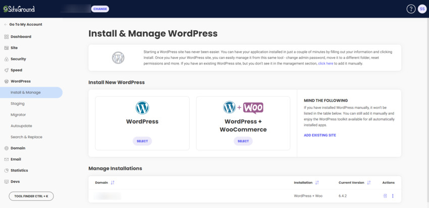 What the one-click WordPress installer looks like in the SiteGround control panel. Users can install WordPress or WordPress with WooCommerce