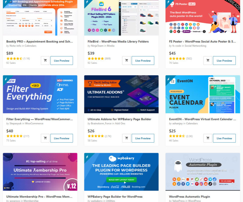 The most popular WordPress plugins on the CodeCanyon website in 2024 include Bookly Pro, File Bird, FS Poster, Filter Everything, Ultimate AddOns for WPBakery, and more