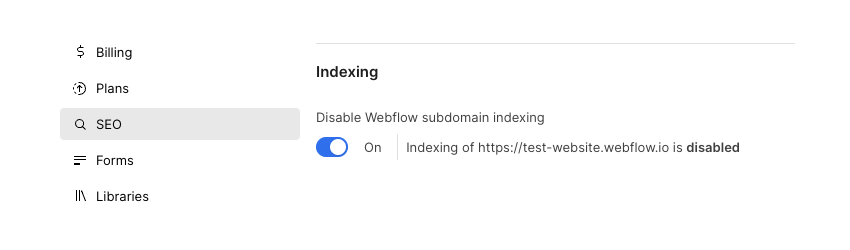 the subdomain settings for webflow subdomains