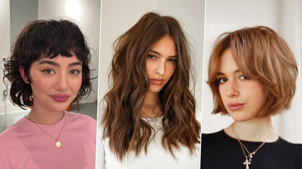 To the left: a textured shorter cut with wispy band; Middle: long, textured layers, Right: an easy to style bob; all in natural hair colors