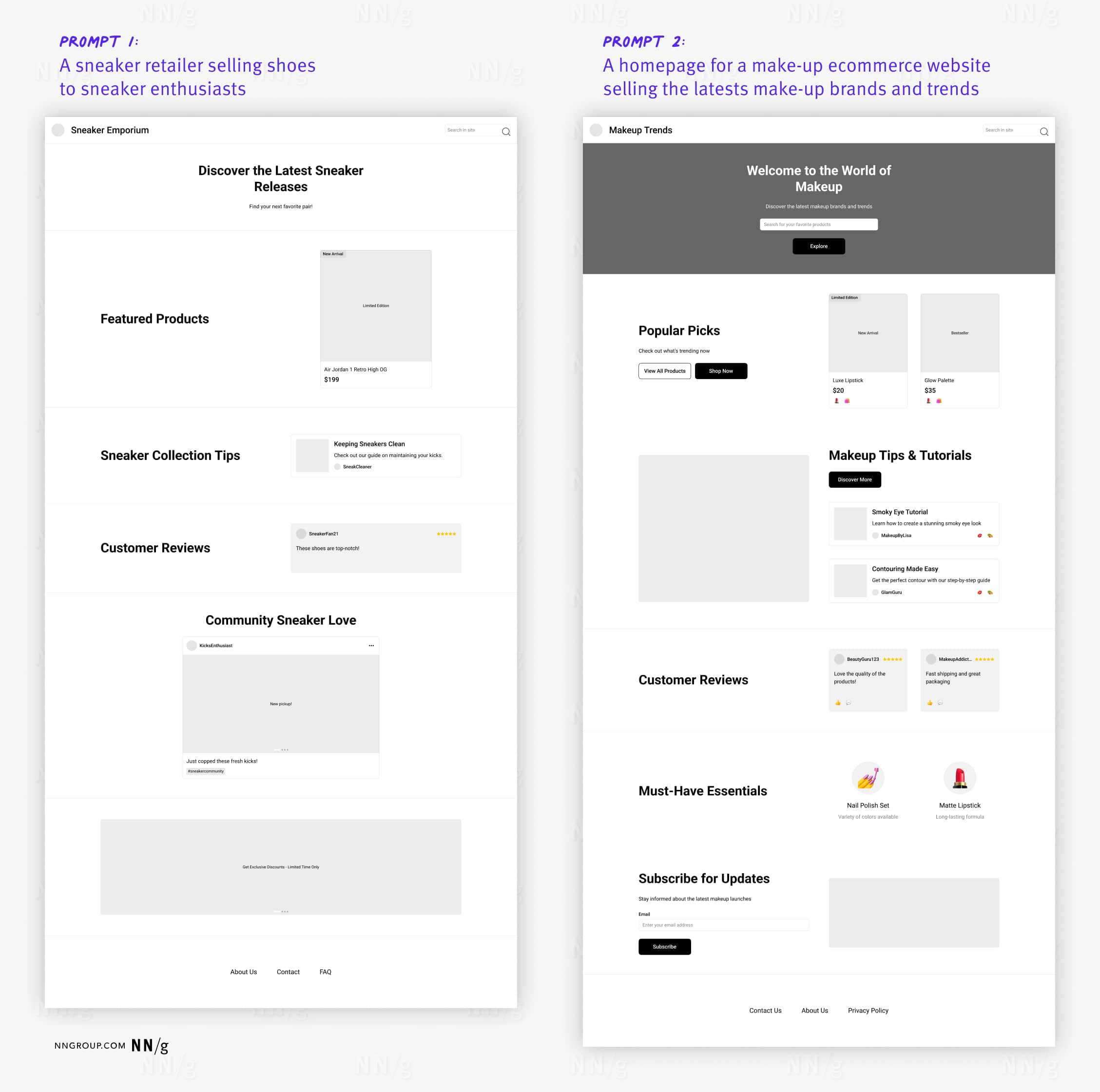 Two low fidelity wireframes generated by the Wireframe Designer plugin. The left wireframe was generated for the prompt "Prompt 1: A sneaker retailer selling shoes to sneaker enthusiasts." The right wireframe was generated for the prompt "A homepage for a make-up e-commerce website selling the latests make-up brands and trends"