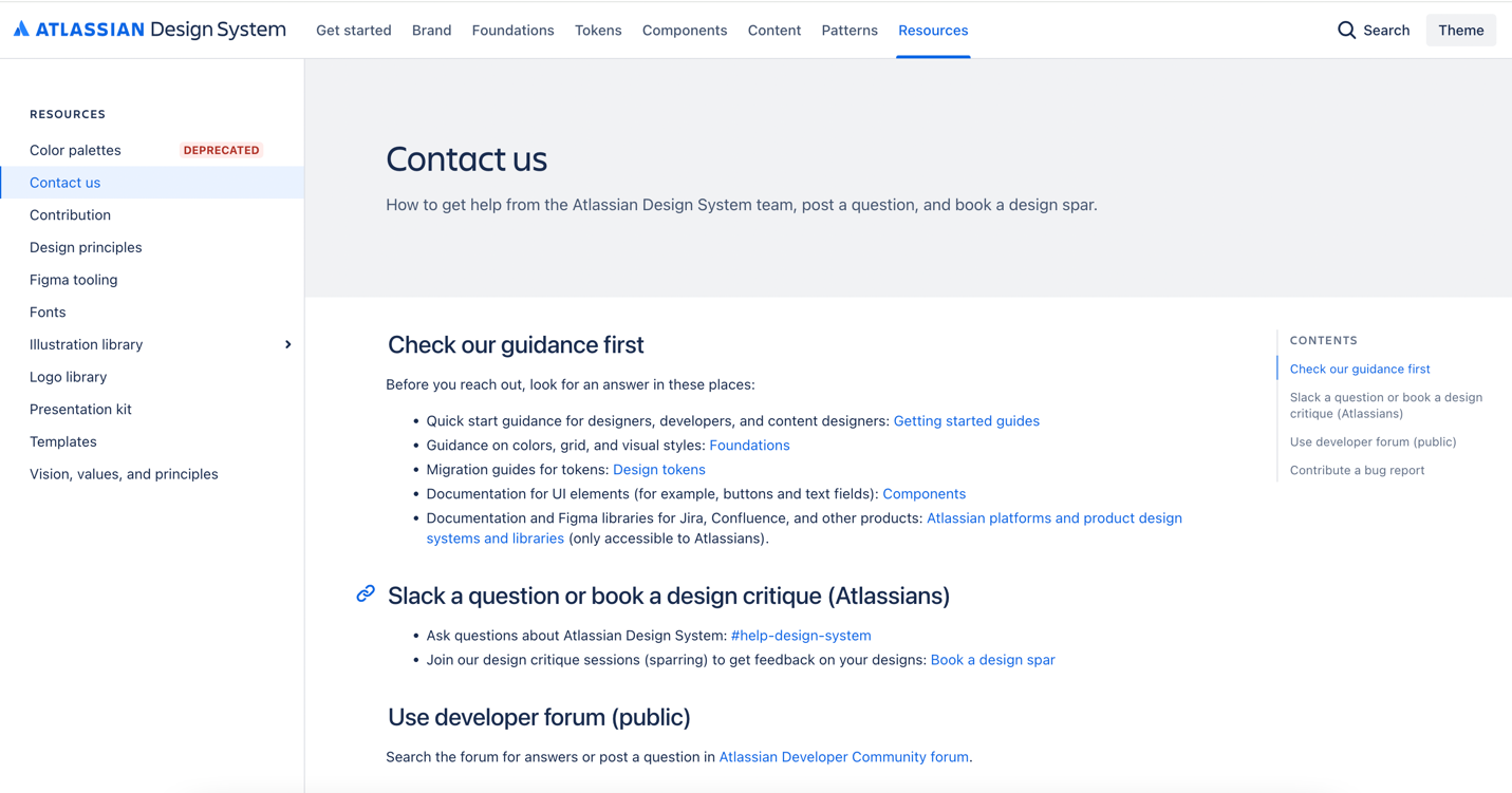 Atlassian's contact us section of the design system.