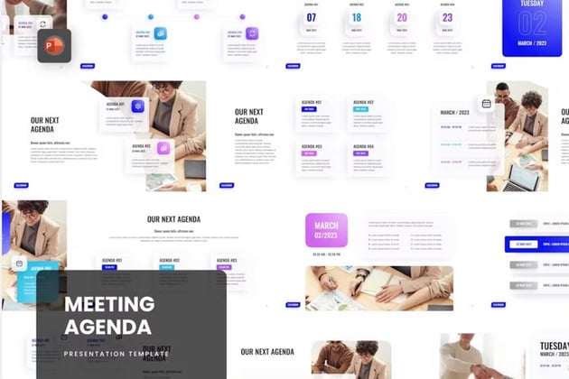 This agenda PowerPoint template is from Envato Elements.