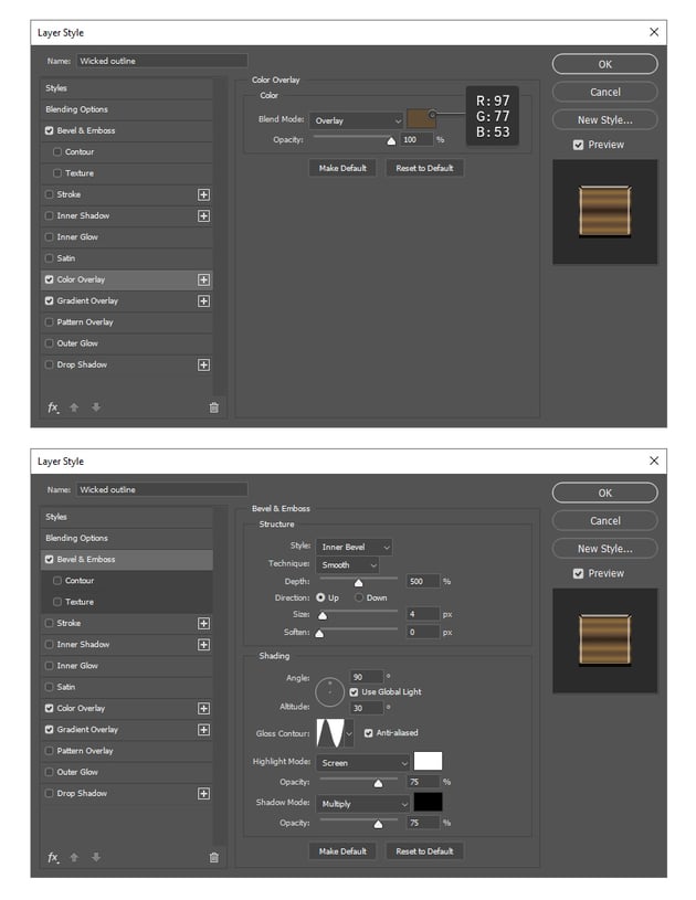 How to change Color overlay and Bevel Emboss settings