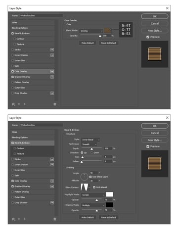 How to change Color overlay and Bevel Emboss settings