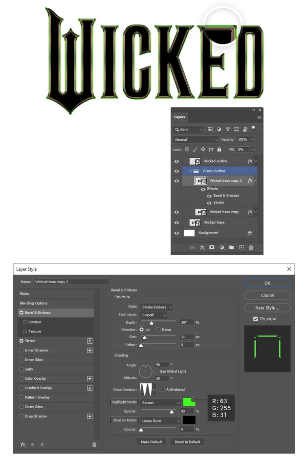 How to make Wicked green outline 