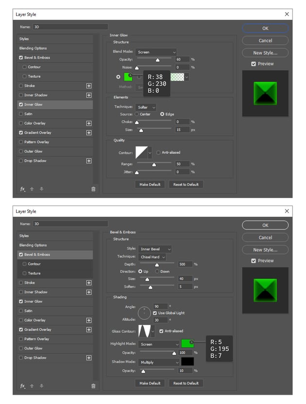 How to apply Inner glow and Bevel Emboss styles