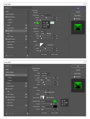 How to apply Inner glow and Bevel Emboss styles