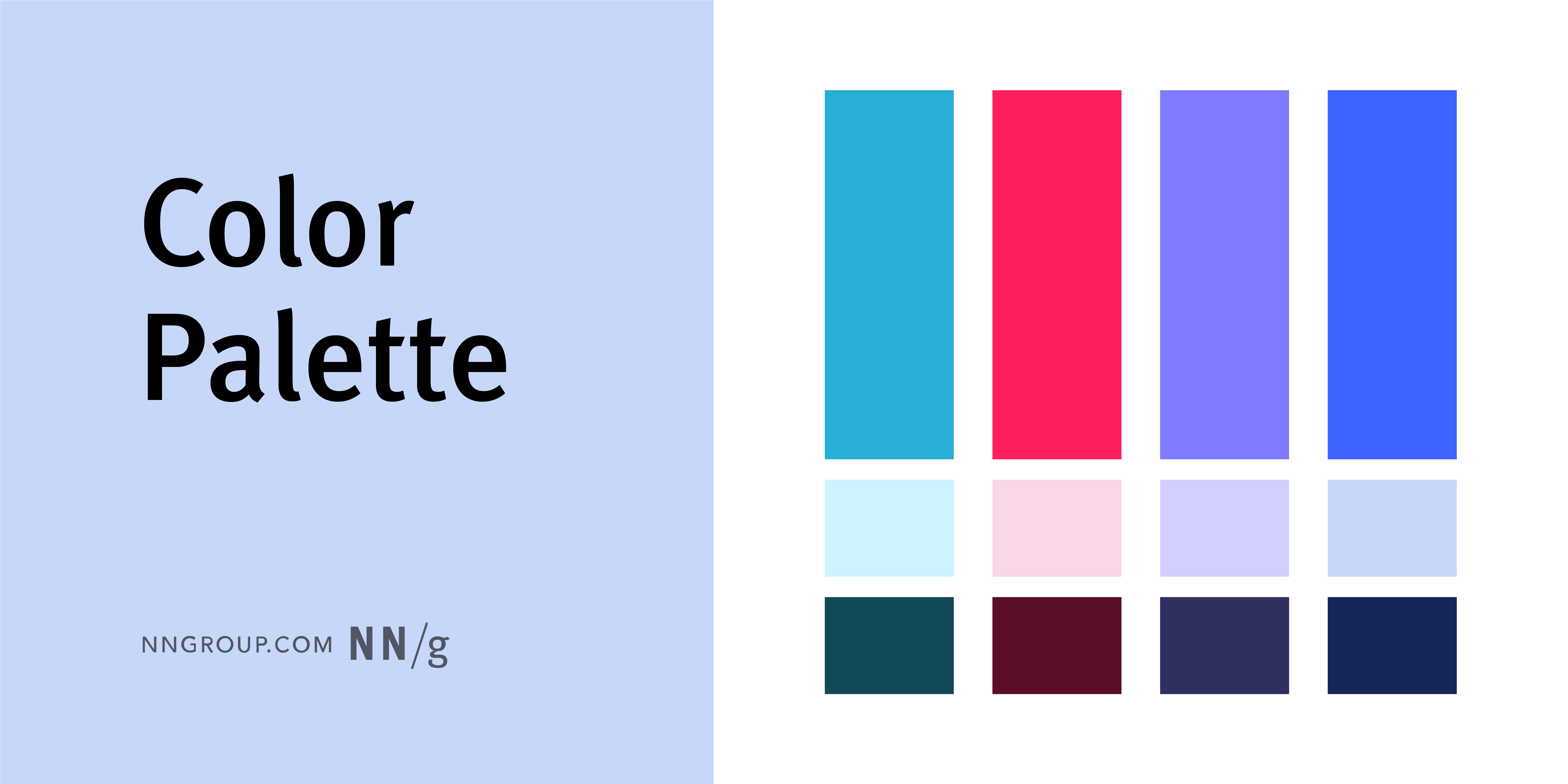 A color palette with three rows of color squares. The colors range from teal to dark blue, vibrant red, and muted purples and pinks.