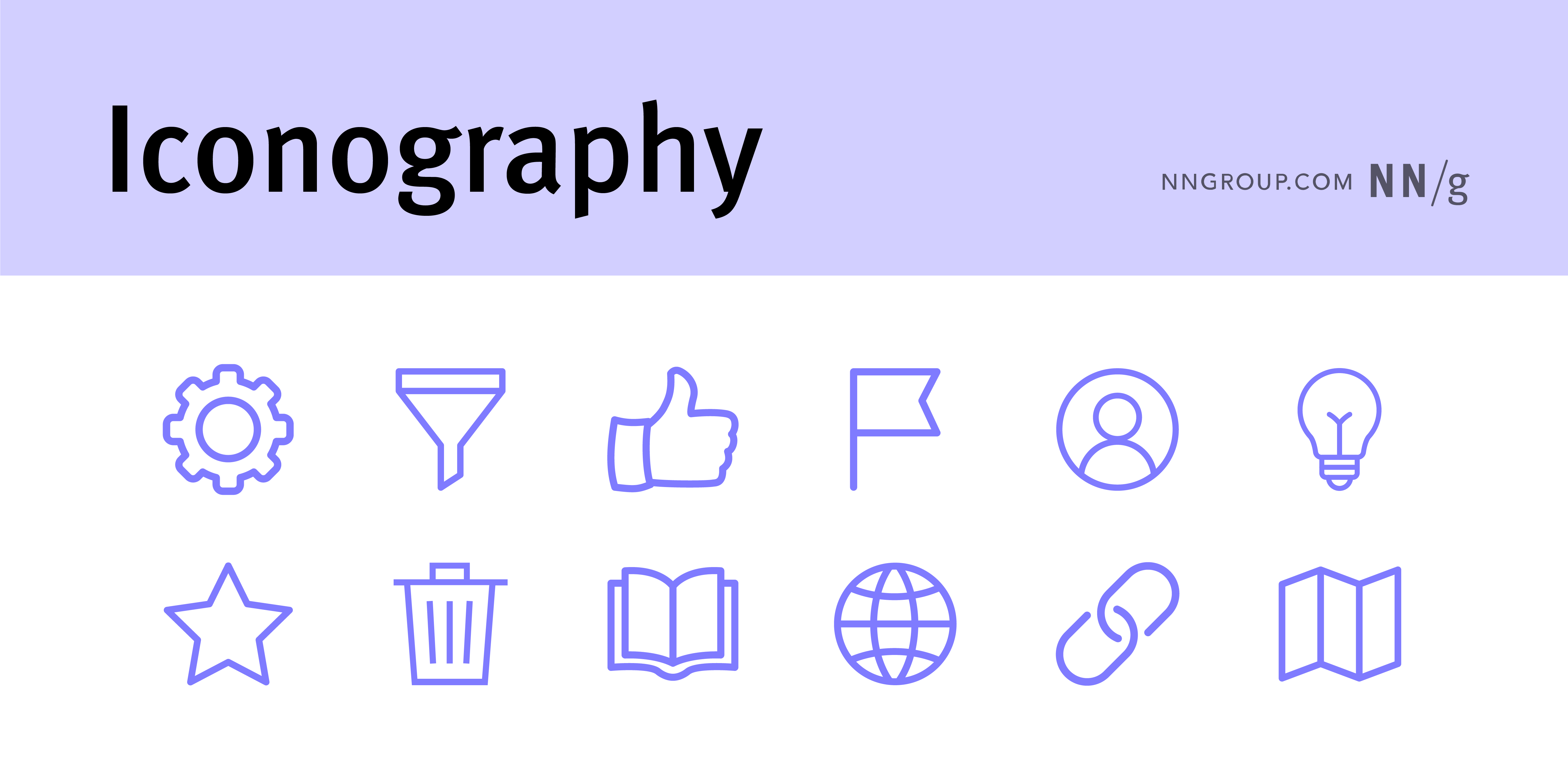 Row of common interface icons in light purple, including a gear, funnel, thumbs up, flag, user profile, light bulb, link chain, book, globe, and open book