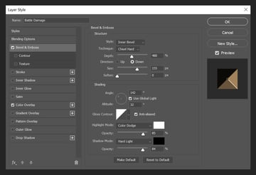 bevel and emboss settings for cuts and cracks