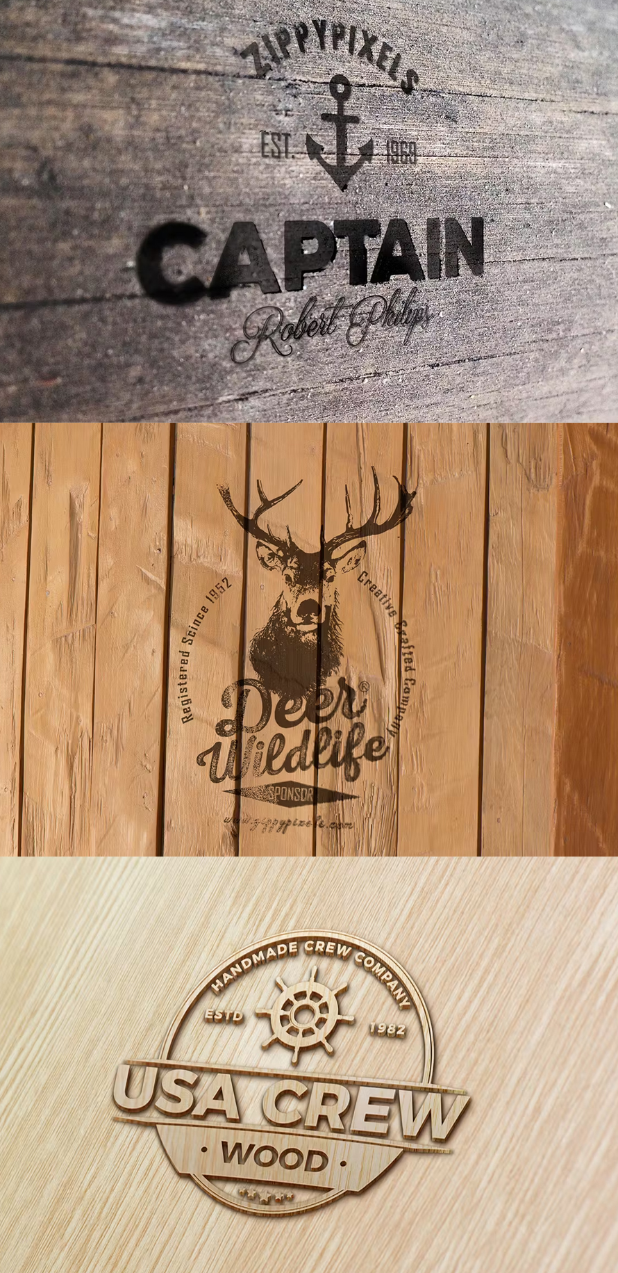 Photo-realistic Wood Craft Logo Mockups