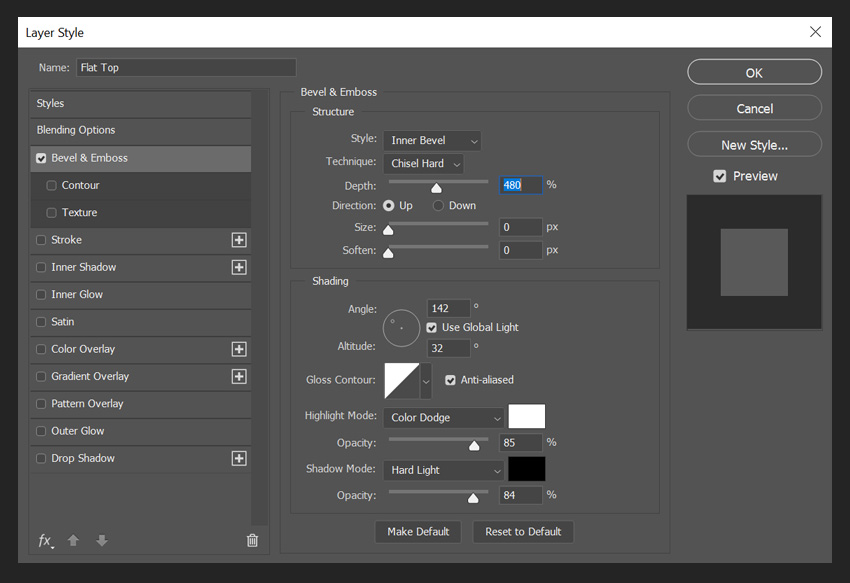 bevel and emboss settings for top shapes