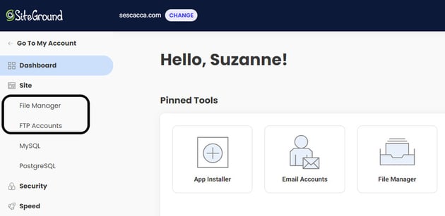 In SiteGround's control panel, users can access their root folder under Site and FTP or File Manager