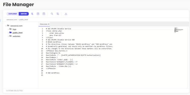 An example of what the .htaccess file looks like in the SiteGround File Manager editor