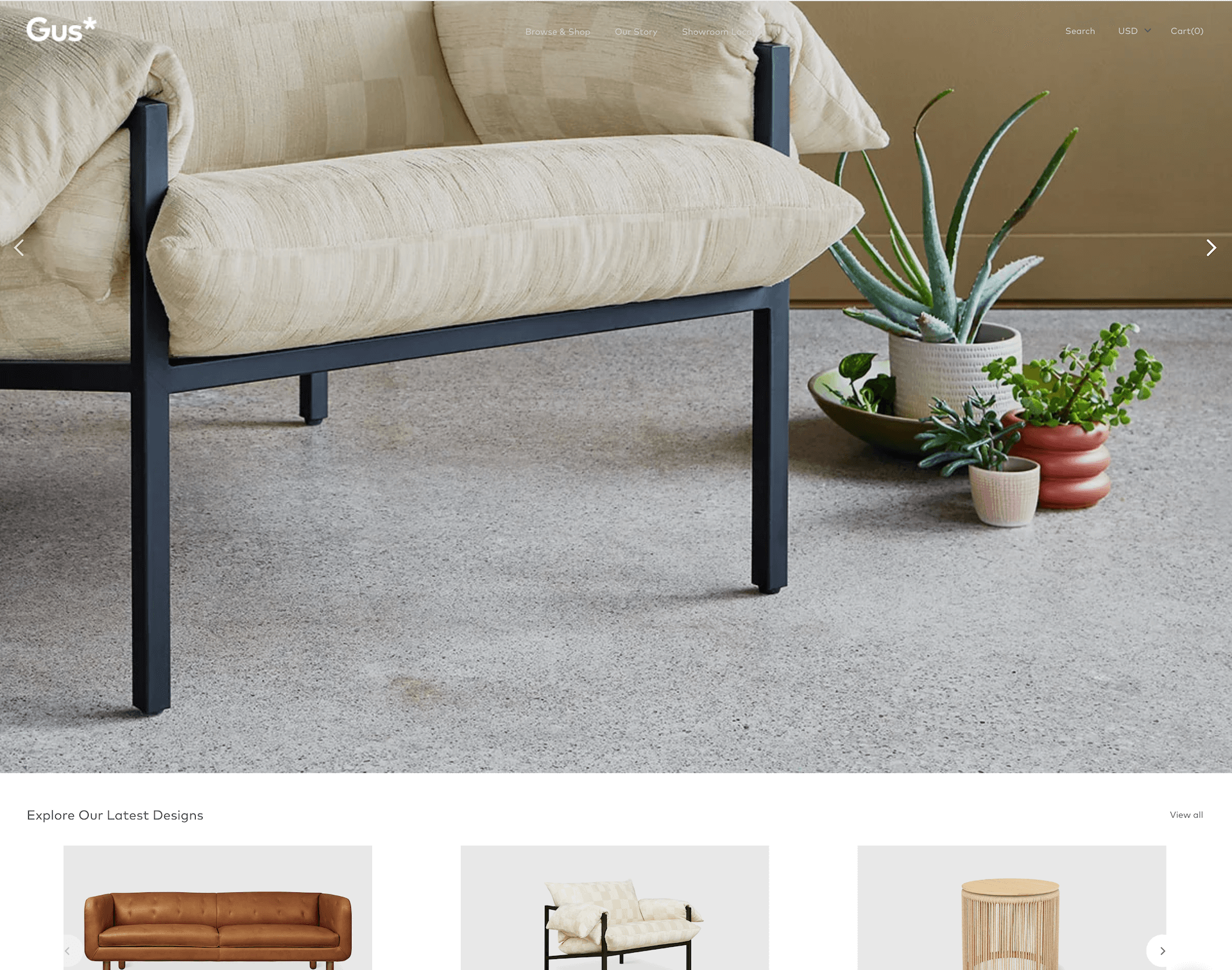 Gus furniture website with a large hero image and a transparent menu bar that reduces contrast between text and background