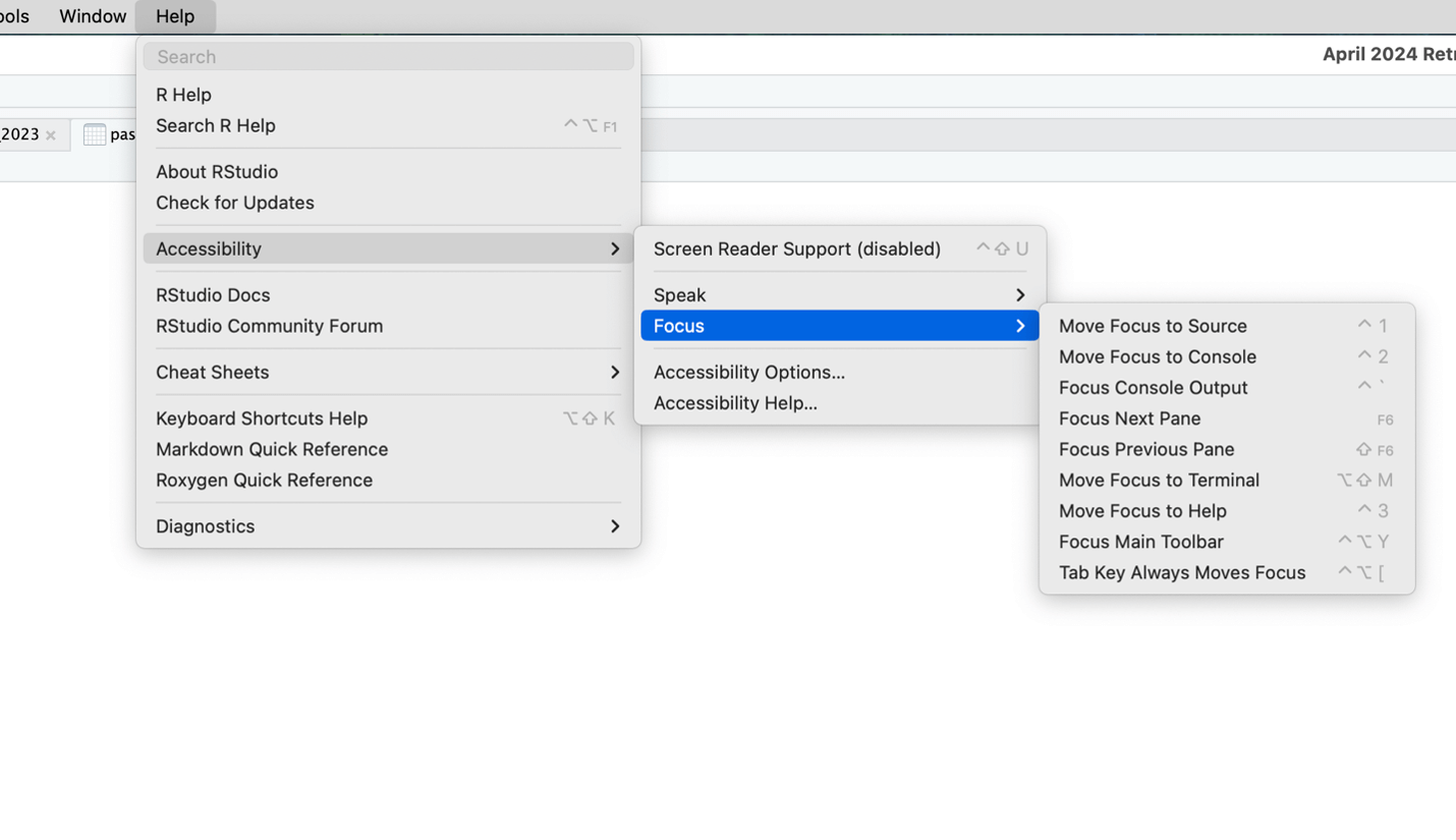 RStudio's desktop application uses multi-level hierarchical menus, which are difficult to physically manipulate