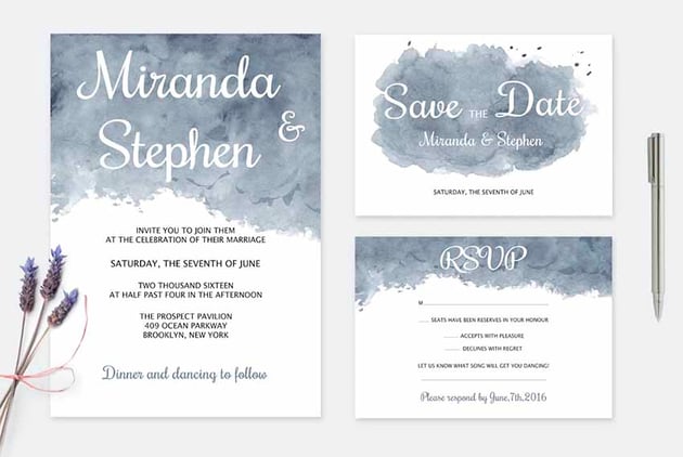 Dark Watercolor Wedding Card with RSVP