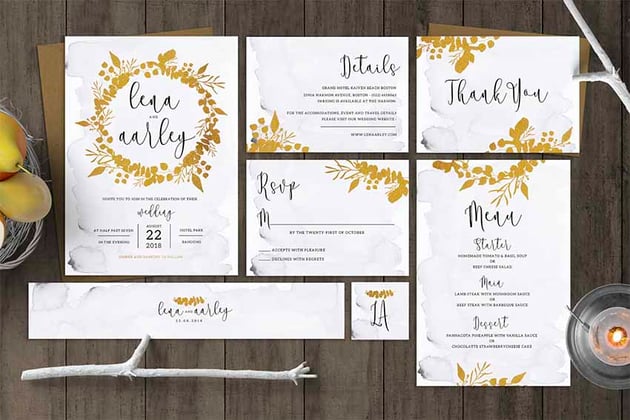 Golden Foliage Wedding Invitation & RSVP Template