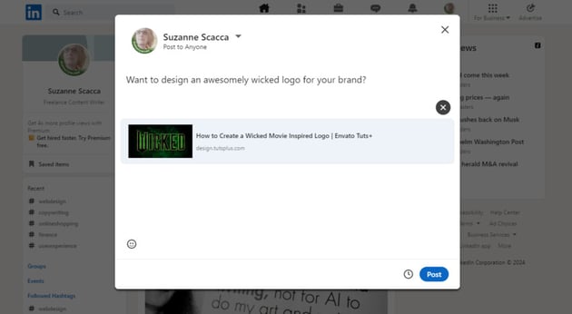 On LinkedIn, a user shares a Wicked-inspired logo tutorial from the Tuts+ blog. In the preview, you can see the post's featured image.