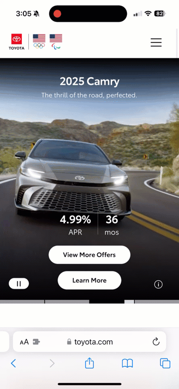 Animated gif of a sequential menu with several "pages" on Toyota's mobile site