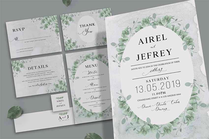 Eucalyptus Wedding Invitation & RSVP Card Template