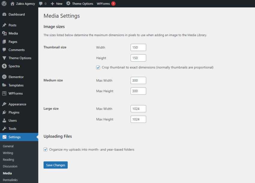 Under Settings and Media in WordPress, users can modify the default WordPress image sizes for Thumbnail, Medium, and Large