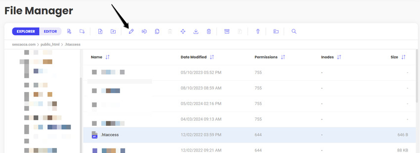 Click the pencil icon to edit the .htaccess file