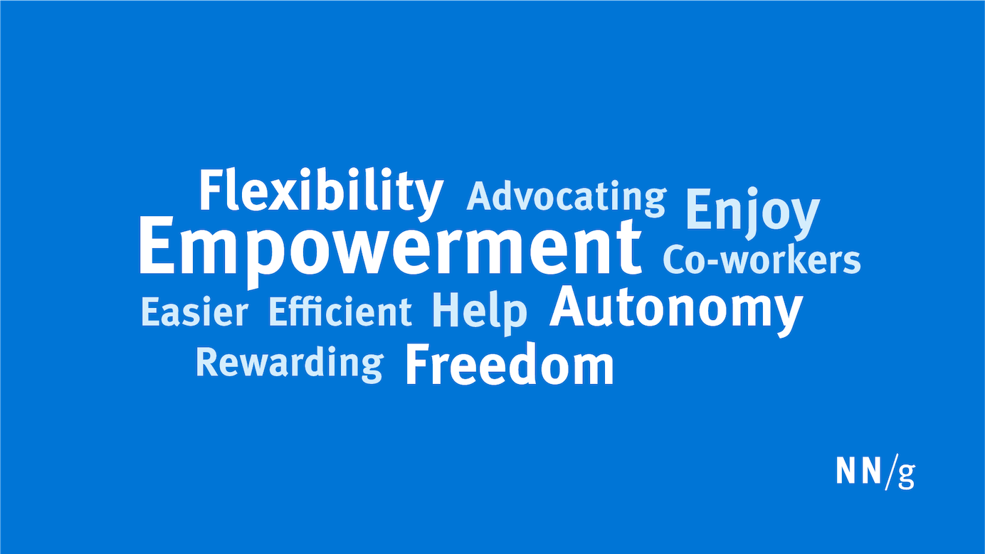 Word cloud common words: Flexibility, empowerment, autonomy, freedom