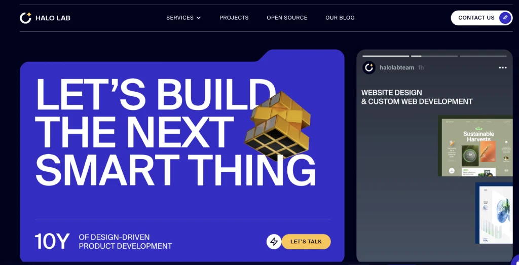 The main page of Halo Lab, a ux design agency, with a CTA of 'Let's build the next smart thing'.