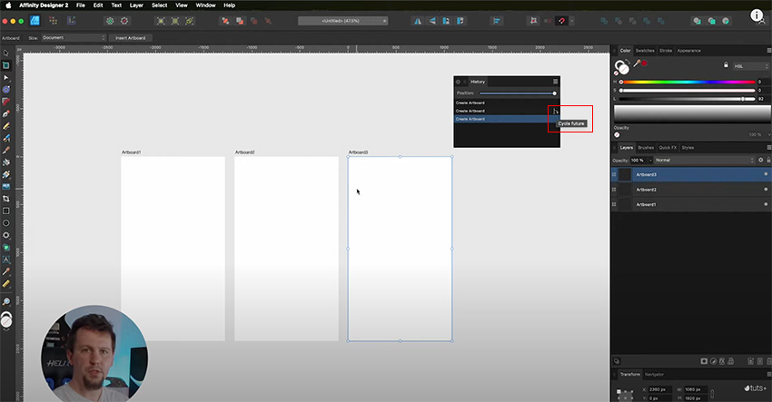 using cycle future function on the history panel