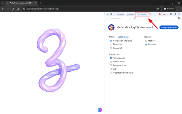 Our Spline demo with the Lighthouse tool opened in the Chrome browser