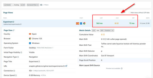 A DebugBear RUM report (showing a user located in Spain) of our second experiment