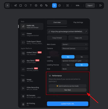 Performance panel in the Spline app