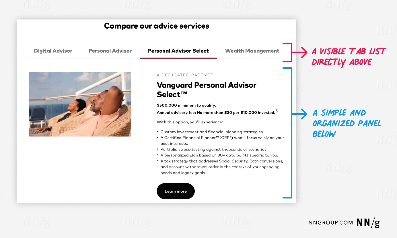 Tabs for Vanguard financial advice services. At the top, a title “Compare our advice services” is displayed. Below it, there are four tabs: “Digital Advisor,” “Personal Advisor,” “Personal Advisor Select,” and “Wealth Management,” with the “Personal Advisor Select” tab selected, indicated by an underline.  A red annotation highlights the visible tab list directly above the content panel. The content panel below is simple and organized, featuring a photo of two relaxed individuals on the left and detailed information about the “Vanguard Personal Advisor Select™” service on the right. This includes minimum qualification details, advisory fees, and a list of benefits such as custom investment strategies, certified financial planner access, portfolio stress-testing, personalized plans, and tax strategy advice. A blue annotation emphasizes the simplicity and organization of the content panel.