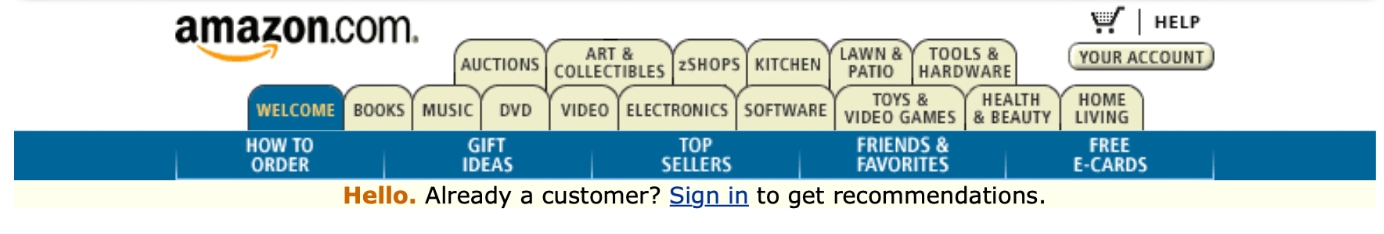 the header section of an older version of the Amazon.com website. The header features a logo on the left, a help icon and “Your Account” button on the right. Below this are several navigation tabs organized into two rows. The top row includes tabs like “Welcome,” “Books,” “Music,” “DVD,” “Video,” “Auctions,” “Art & Collectibles,” “zShops,” “Kitchen,” “Lawn & Patio,” “Tools & Hardware,” “Electronics,” “Software,” “Toys & Video Games,” “Health & Beauty,” and “Home Living.” The “Welcome” tab is highlighted in yellow. The second row features tabs such as “How to Order,” “Gift Ideas,” “Top Sellers,” “Friends & Favorites,” and “Free E-Cards.”