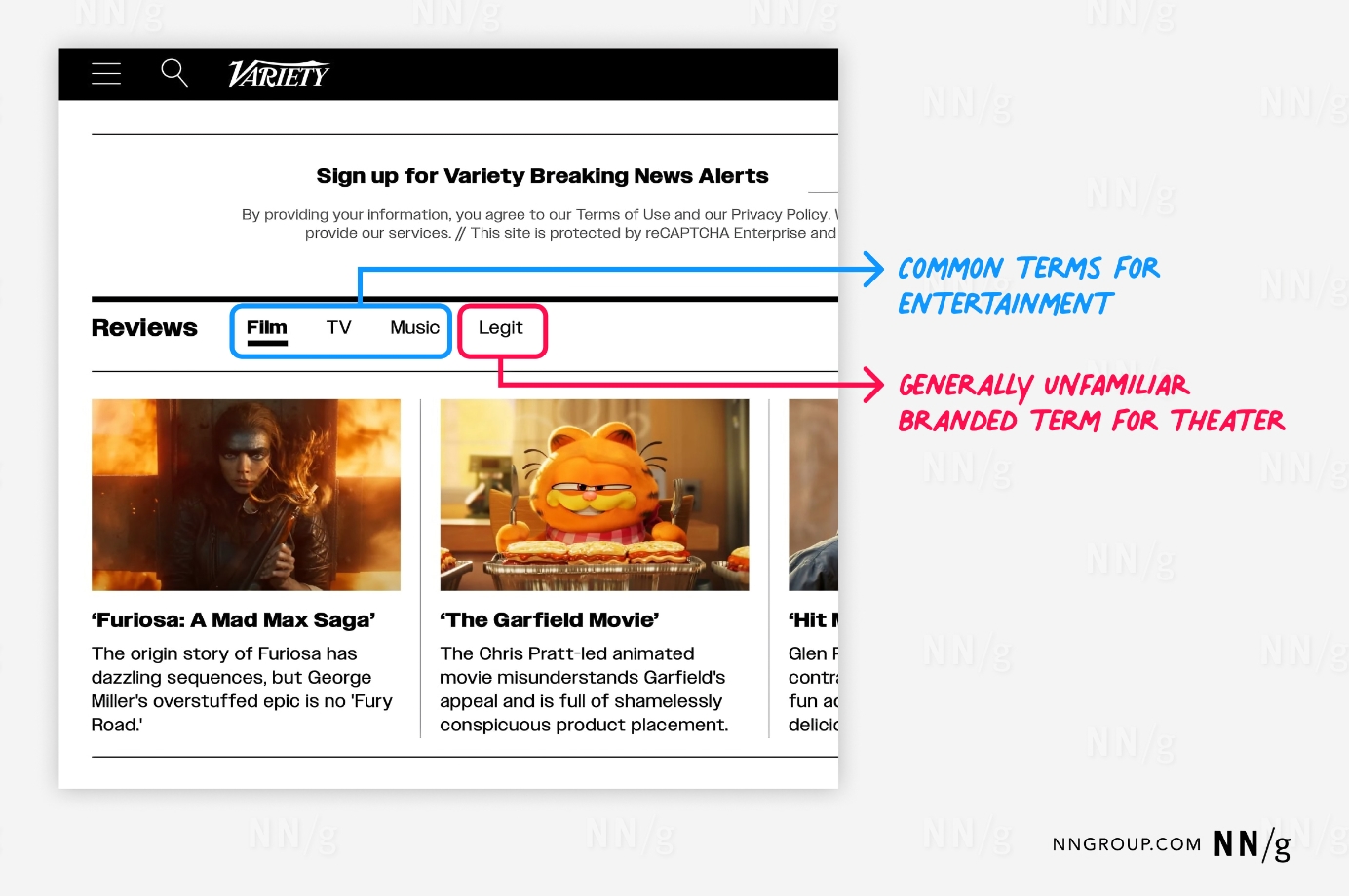 A section of the Variety website featuring entertainment reviews. The header prompts users to sign up for Variety Breaking News Alerts. Below this, there are navigation tabs for different types of reviews: “Film,” “TV,” “Music,” and “Legit,” with the “Legit” tab selected.  A blue annotation highlights that the terms “Film,” “TV,” and “Music” are common terms for entertainment categories. A red annotation points out that “Legit” is a generally unfamiliar branded term used by Variety for theater reviews.  Below the tabs, the reviews for different media are displayed.